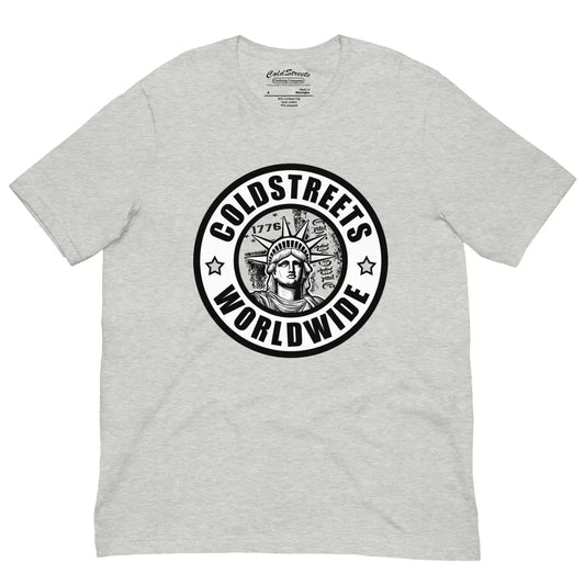 Light gray pre-shrunk ring-spun combed t-shirt with Statue of Liberty logo from CS Clothing Co