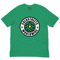 Green t-shirt with palm tree logo and Coldstreets Worldwide text, made of ring-spun combed cotton