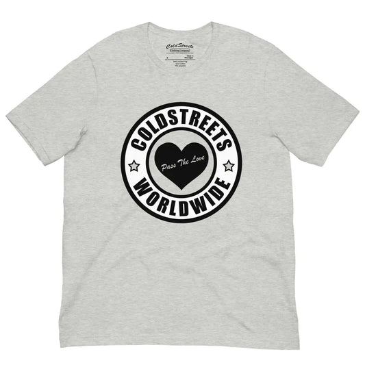 Light gray pre-shrunk ring-spun combed t-shirt with Coldstreets Worldwide heart logo