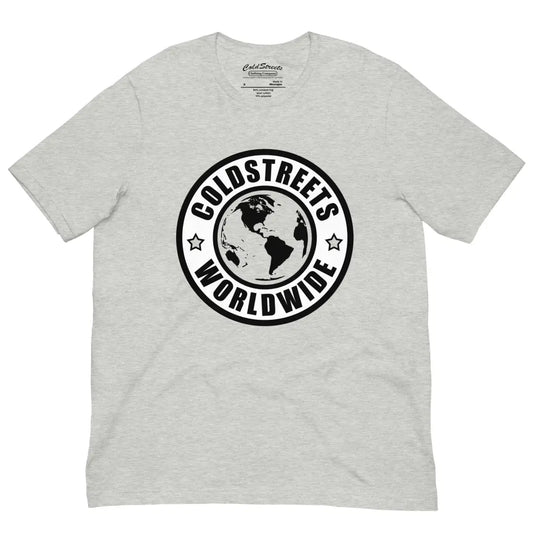 Light gray t-shirt made from pre-shrunk ring-spun combed cotton with Coldstreets Worldwide logo