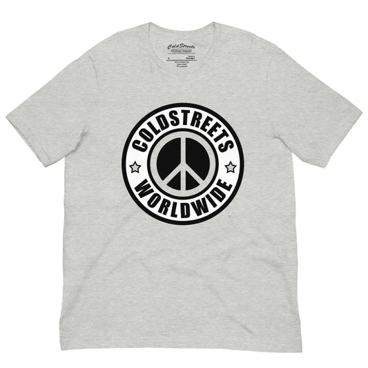 Light gray pre-shrunk ring-spun combed cotton t-shirt with circular peace sign logo