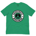 Green t-shirt with black and white peace sign logo, made from ring-spun combed cotton