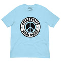 Light blue pre-shrunk ring-spun combed t-shirt with black and white peace logo