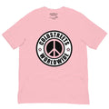 Pink t-shirt with black peace sign logo and Coldstreets Worldwide text in ring-spun cotton