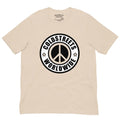 Beige pre-shrunk ring-spun combed t-shirt with black peace sign and COLDSTREETS WORLDWIDE text