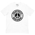 White pre-shrunk ring-spun combed cotton t-shirt with black peace logo and COLDSTREETS WORLDWIDE