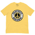 Yellow pre-shrunk ring-spun combed cotton t-shirt with black peace sign and COLDSTREETS WORLDWIDE