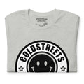 Light gray pre-shrunk ring-spun combed cotton t-shirt with black circular smiley logo