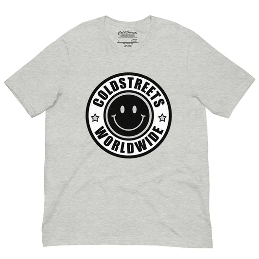 Light gray pre-shrunk ring-spun combed cotton t-shirt featuring COLDSTREETS WORLDWIDE logo