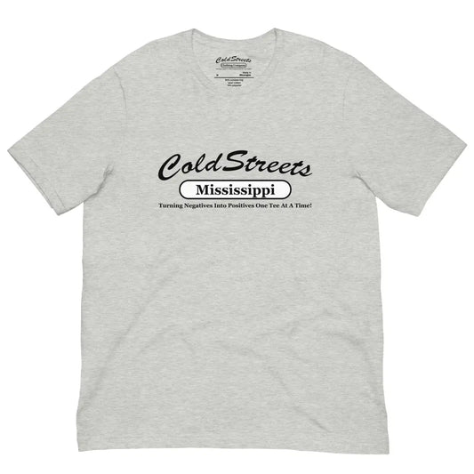 Light gray ring-spun combed cotton t-shirt with Cold Streets Mississippi text design