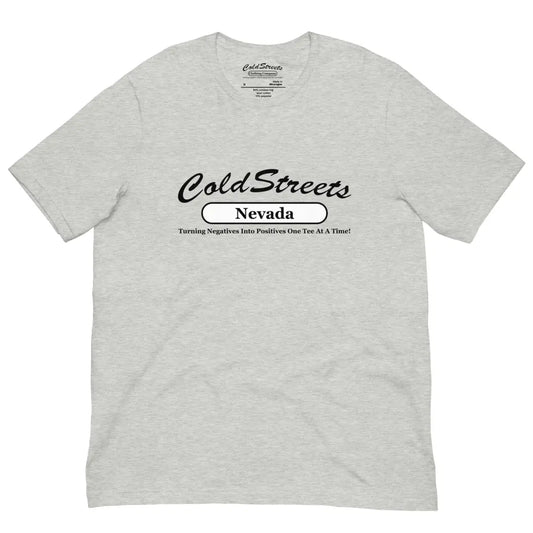 Light gray t-shirt in athletic heather white with Cold Streets Nevada text, ring-spun combed cotton