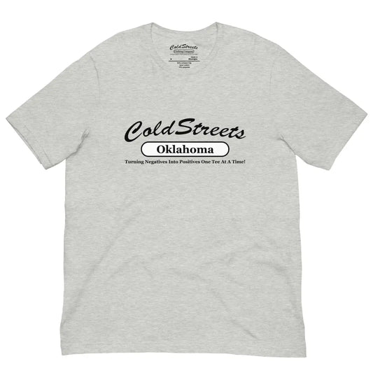 Light gray pre-shrunk ring-spun combed cotton t-shirt with Cold Streets Oklahoma design