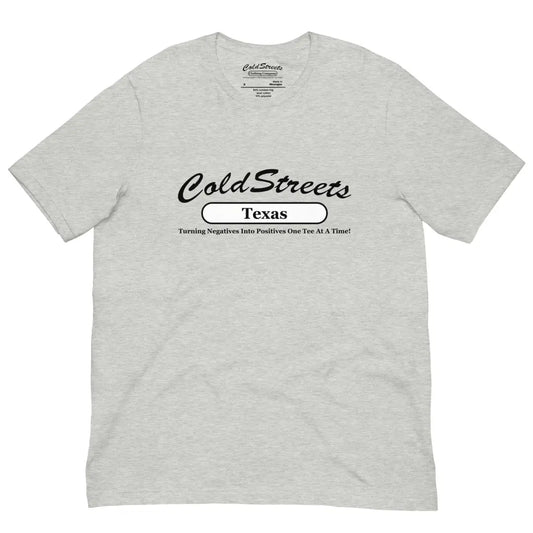 Light gray t-shirt with Cold Streets Texas text in pre-shrunk ring-spun combed cotton