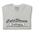 Light gray athletic heather white t-shirt with ColdStreets Washington text in ring-spun combed cotton