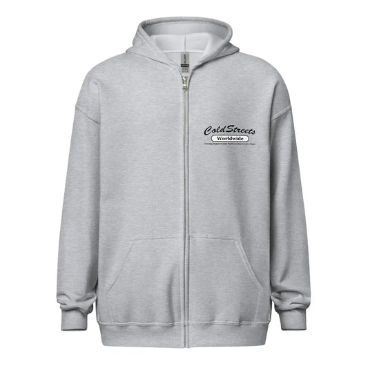 Light gray zip-up hoodie with embroidered logo, perfect for sport grey dark style