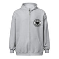 Light gray zip-up hoodie with black logo, perfect for sport grey dark style