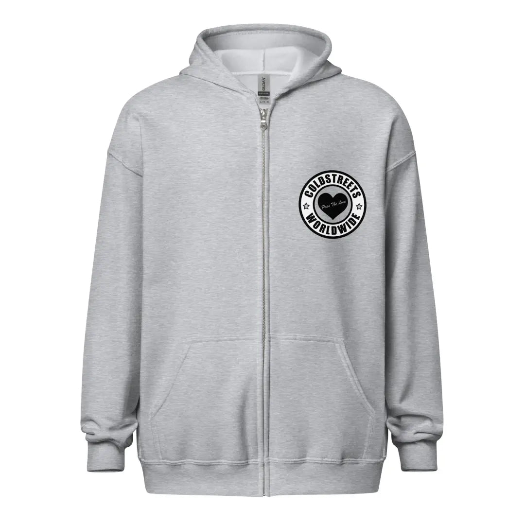 Light gray zip-up hoodie with black logo, perfect for sport grey dark style
