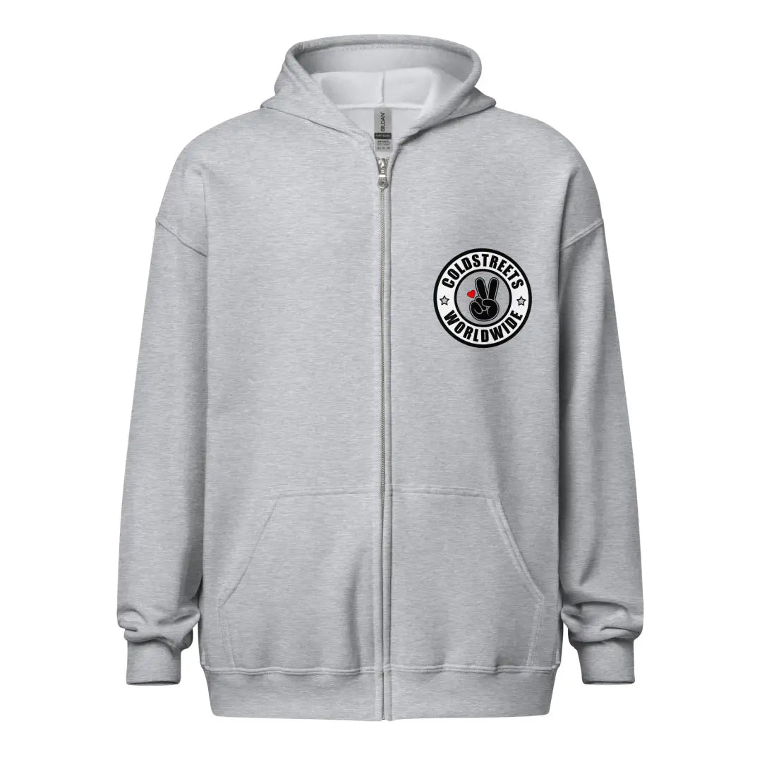 Light gray zip-up hoodie with black logo, perfect for sport grey dark styles