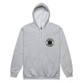 Light gray zip-up hoodie with smiley face logo, perfect for sports and casual wear