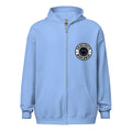 Light blue zip-up hoodie with black and white logo patch from CS Clothing Co. UzH