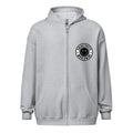 Light gray zip-up hoodie with black logo patch from CS Clothing Co in sport grey dark