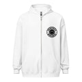 White zip-up hoodie with black smiley logo from CS Clothing Co in Carolina blue white