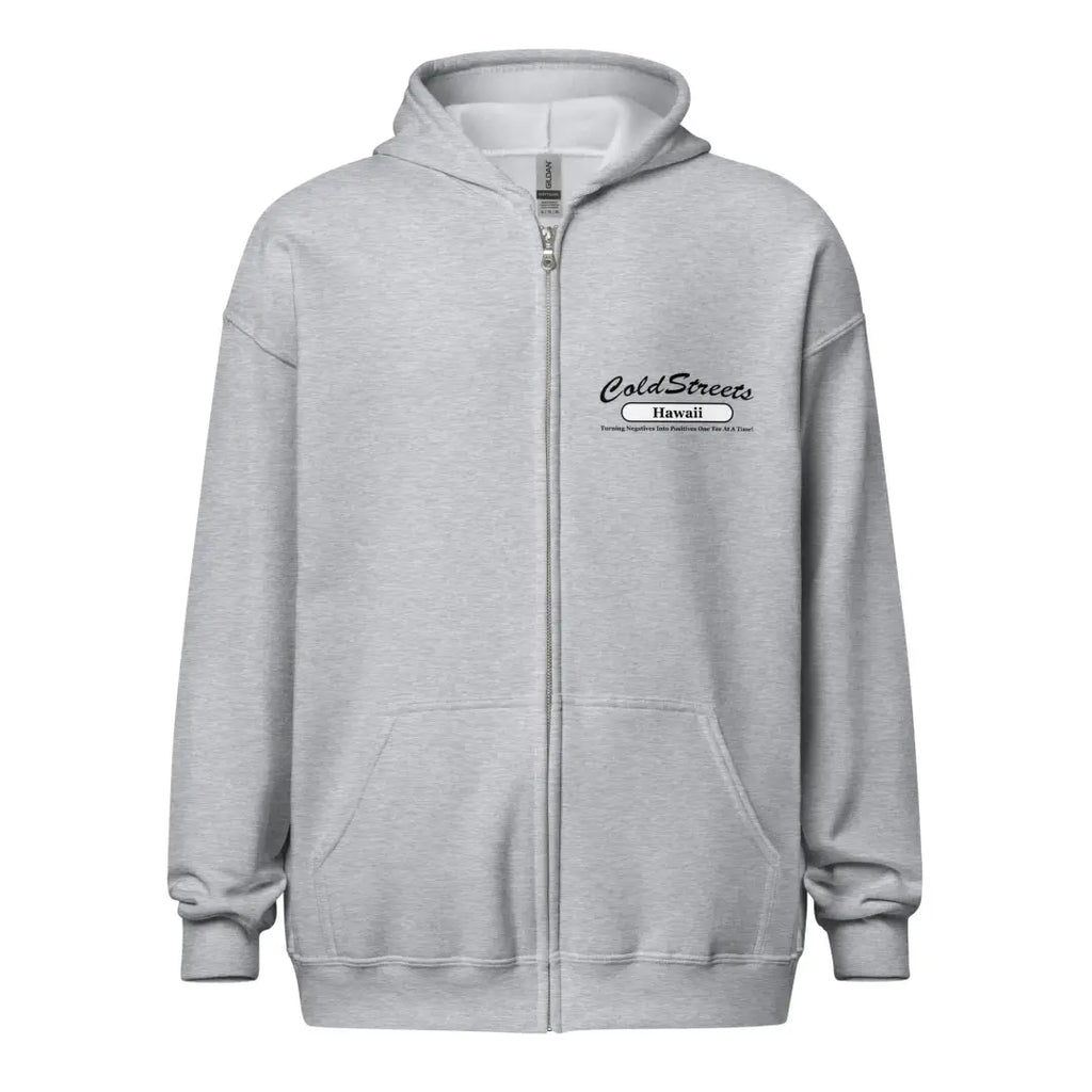 Light gray zip-up hoodie with logo from CS Clothing Co in grey dark heather