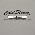 Logo for ColdStreets Indiana with tagline on CS Clothing Co. product in grey dark heather