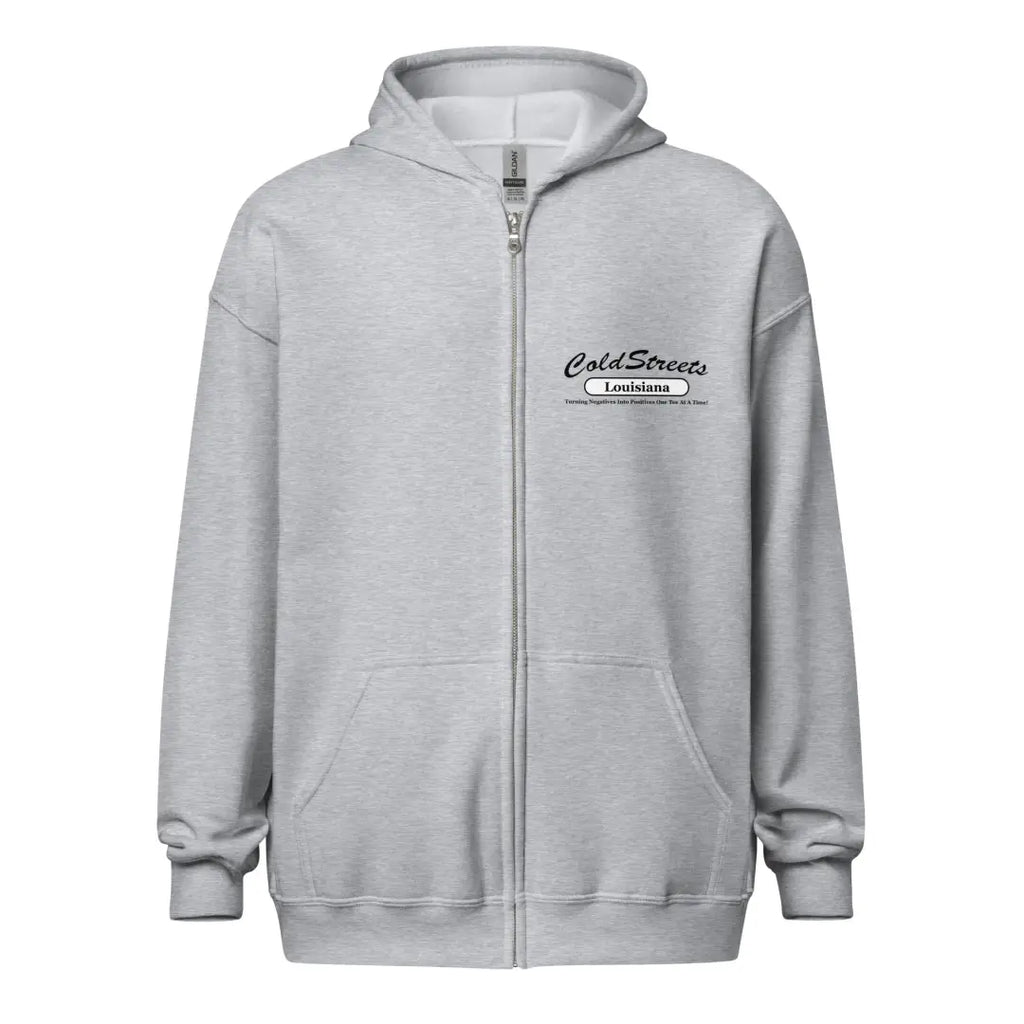 Light gray zip-up hoodie with logo, perfect for casual wear in sport grey dark