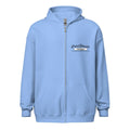 Light blue zip-up hoodie with embroidered text from CS Clothing Co. in Carolina Blue White