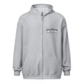 Light gray zip-up hooded sweatshirt with logo, perfect for sports and casual wear