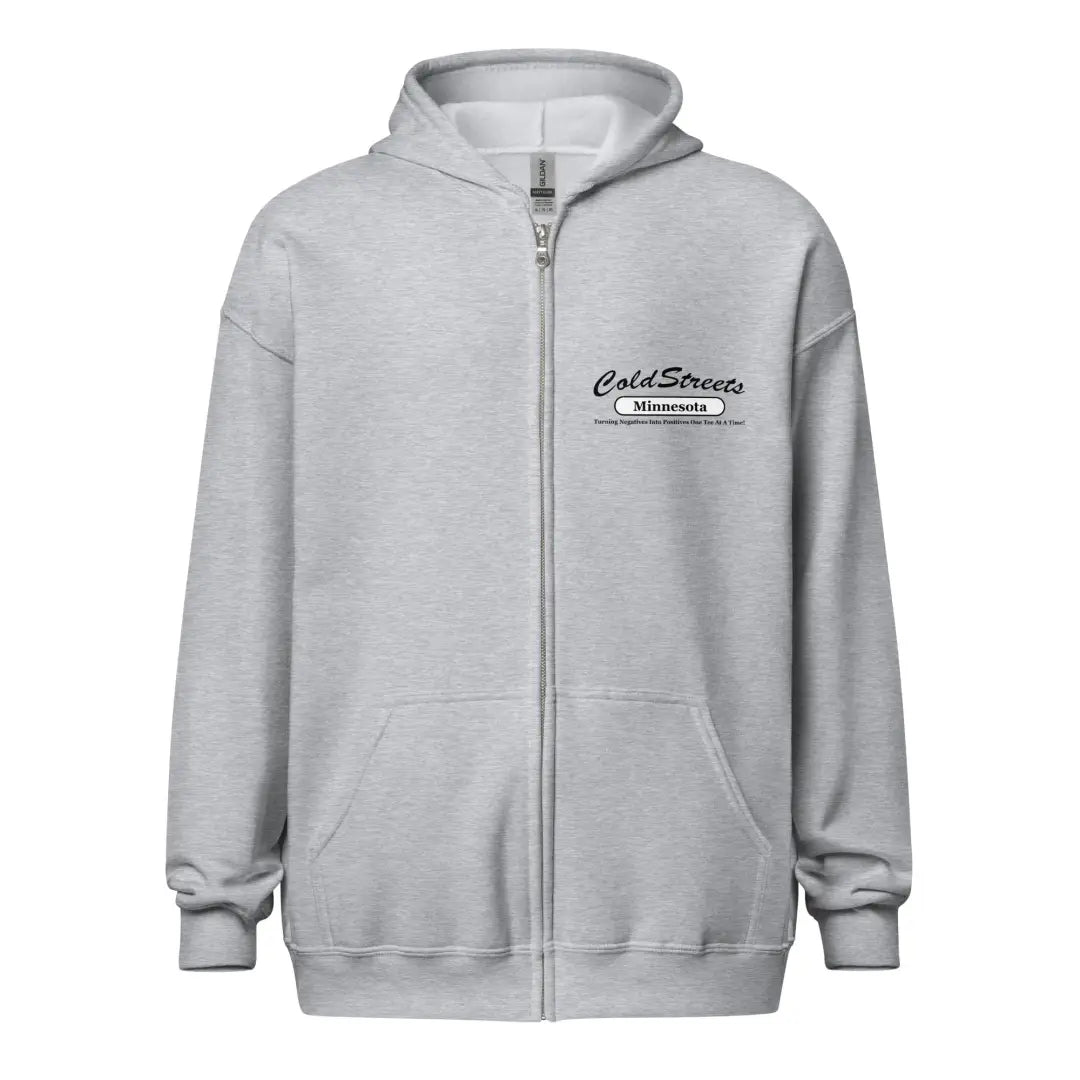 Light gray zip-up hooded sweatshirt with logo, perfect for sports and casual wear