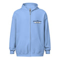 Light blue zip-up hoodie with embroidered text, perfect for Carolina Blue White style