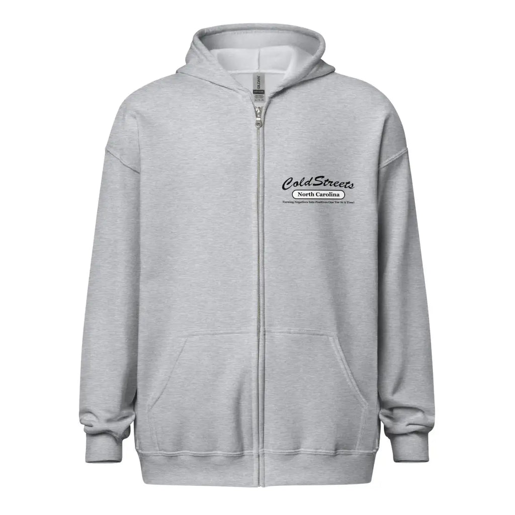 Light gray zip-up hoodie sweatshirt with logo, perfect for casual wear in grey dark heather