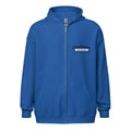 Royal blue zip-up hoodie sweatshirt with logo, perfect for pairing with Grey Dark styles