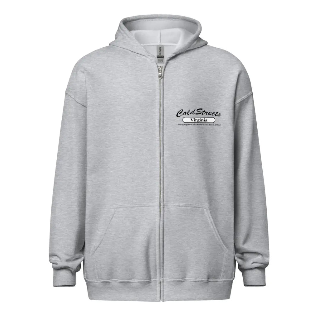Light gray zip-up hooded sweatshirt with logo, perfect for casual wear in grey dark heather