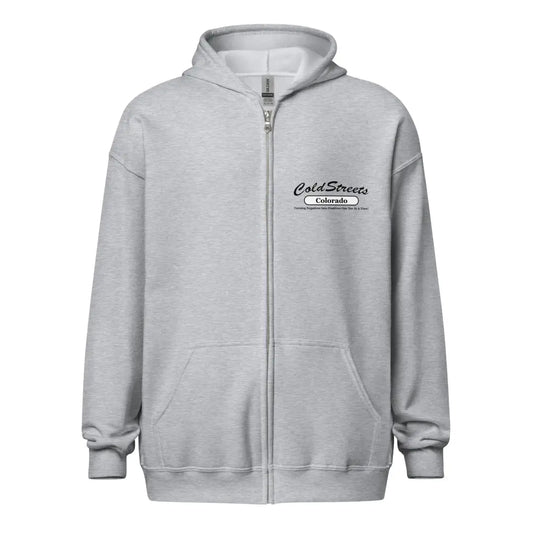 Light gray zip-up hoodie with black logo, perfect for sport grey dark style