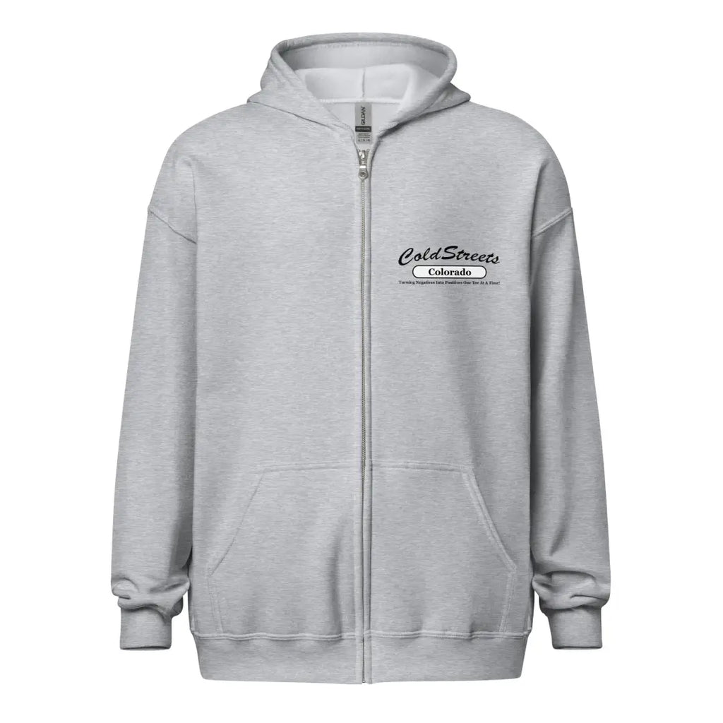 Light gray zip-up hoodie with black logo, perfect for sport grey dark style