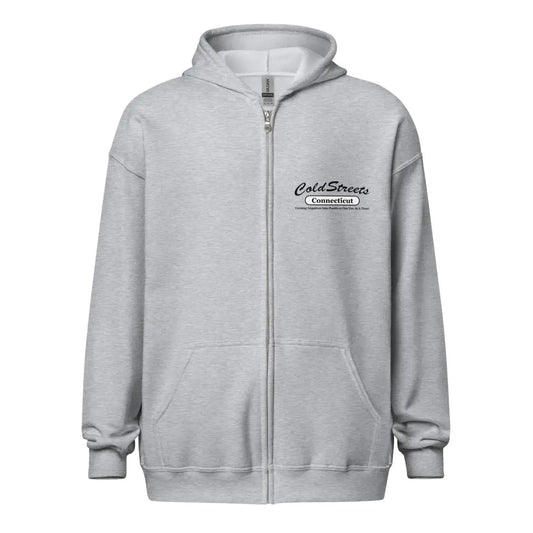 Light gray zip-up hoodie sweatshirt with logo for CS Clothing Co. in Grey Dark Heather