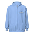 Light blue zip-up hoodie with embroidered text, perfect for casual wear or sports