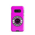 Hot pink phone case for Samsung Galaxy S20, S21, S22 with smiley logo and text