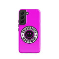 Pink phone case for Samsung Galaxy S20, S21, and S22 featuring black and white logo