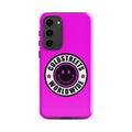 Hot pink phone case for Samsung Galaxy S20, S21, S22 with smiley logo and Cold Streets Worldwide