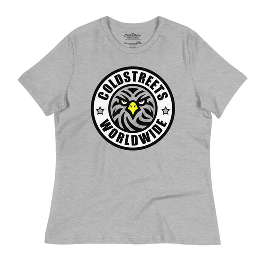 Gray t-shirt with circular black and white Goldstreets Worldwide logo, made of ring-spun combed cotton