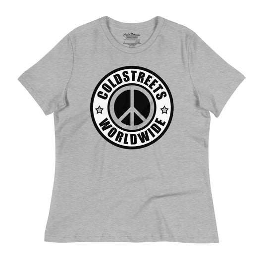 Gray pre-shrunk ring-spun combed cotton t-shirt with black peace logo and COLDSTREETS WORLDWIDE