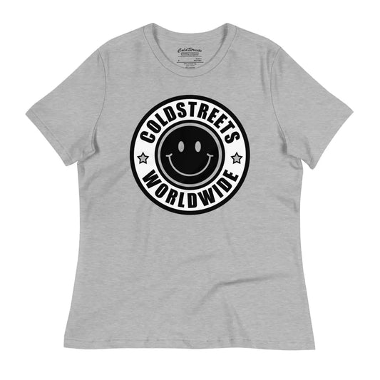 Grey pre-shrunk ring-spun combed cotton t-shirt with black smiley logo and Coldstress Worldwide text