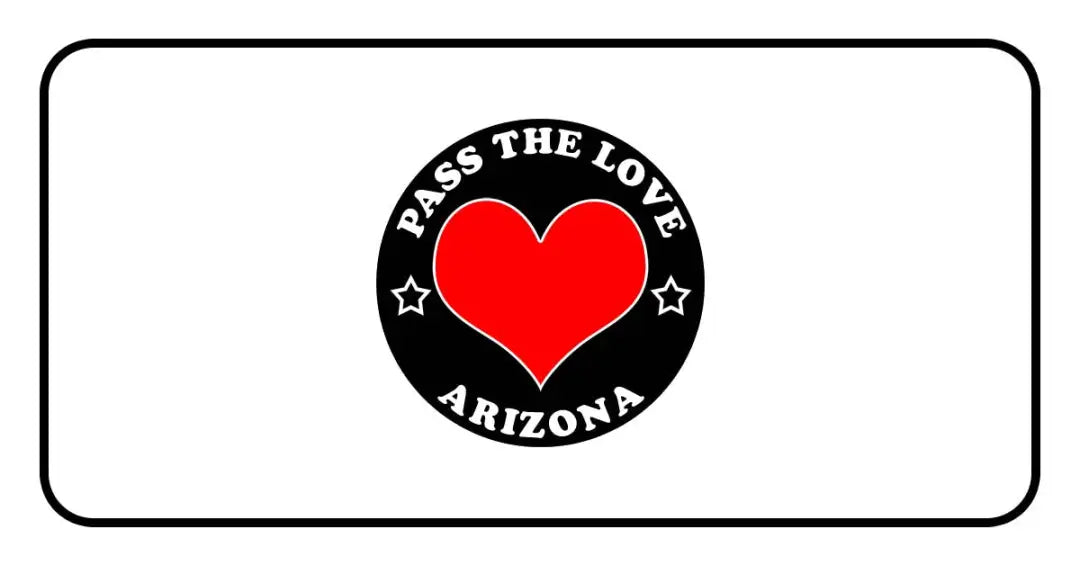 Black badge with red heart and text Pass the Love Arizona, surrounded by stars