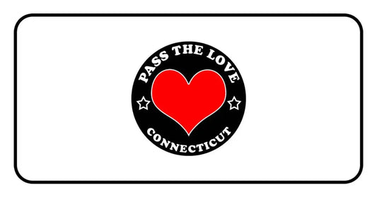 Black badge with red heart for Pass The Love Connecticut clothing and paid cards