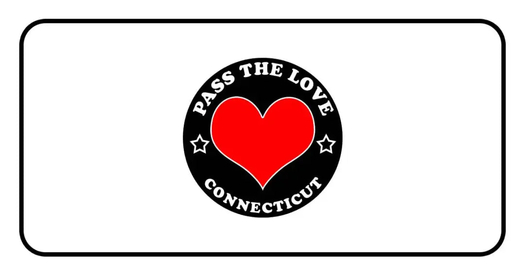 Black badge with red heart for Pass The Love Connecticut clothing and paid cards