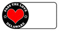 Black badge with red heart, Pass The Love Delaware text, for paid cards and clothing